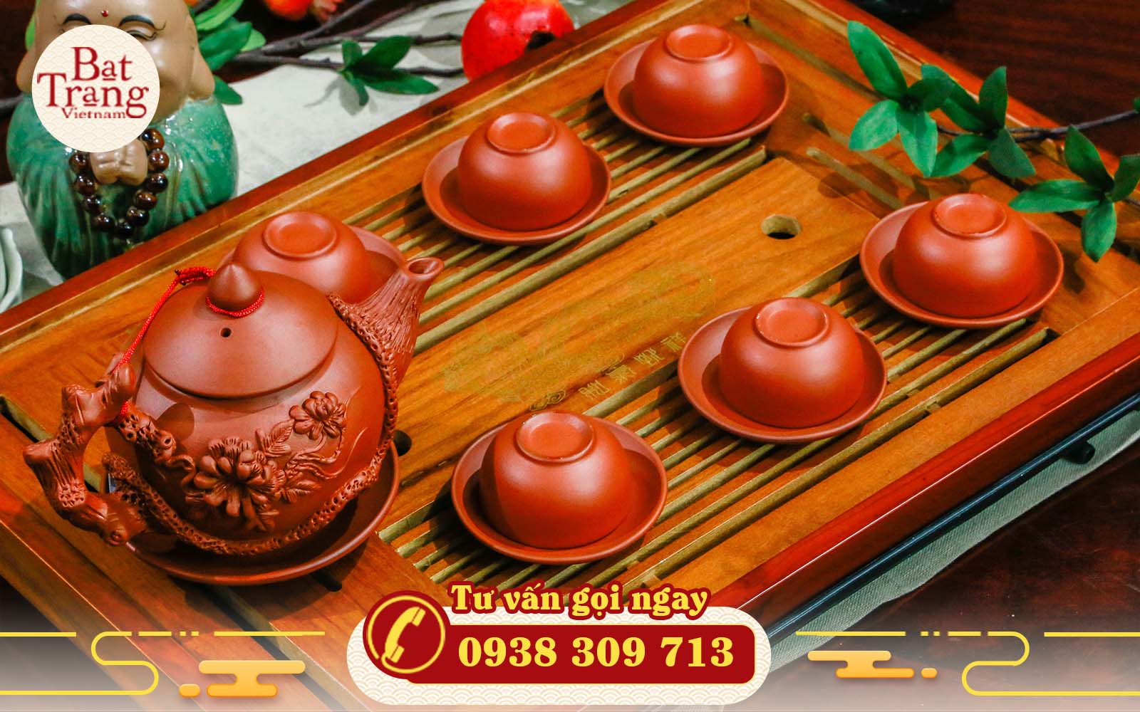 Bộ ấm chén trà tử sa đắp nổi