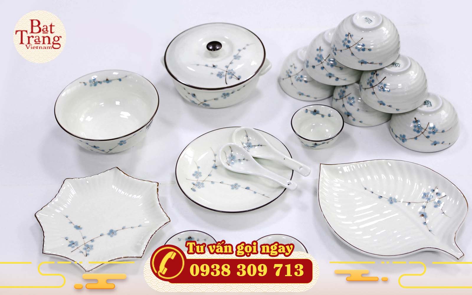 Bộ chén đĩa Bát Tràng họa tiết hoa đào